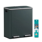 JOYFURNOS Poubelle de cuisine 2 compartiments, Poubelle double 2 x 30 L avec couvercles, Pédales, Seaux intérieurs en plastique, Fermeture amortie, Gris verdâtre