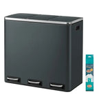 JOYFURNOS Poubelle de cuisine 3*18 L, 3 compartiments, 15 sacs poubelle, compost, fermeture douce, pédales, seaux intérieurs, gris verdâtre