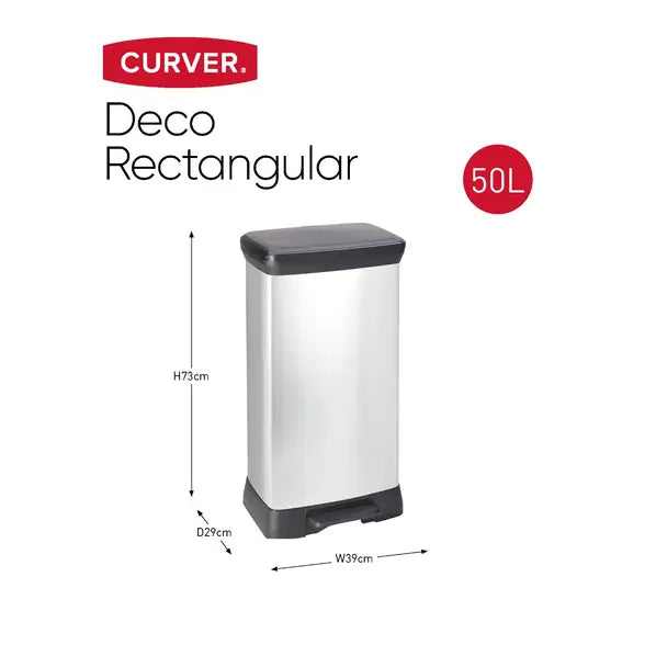 Curver DECOBIN Poubelle à pédale rectangulaire 50 L Noir / Argent
