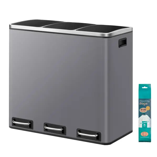JOYFURNOS Poubelle de tri à trois compartiments, Poubelle à pédale 3 x 18 L avec couvercles à fermeture douce, Acier, pour cuisine, Gris