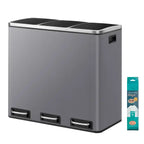 JOYFURNOS Poubelle de tri à trois compartiments, Poubelle à pédale 3 x 18 L avec couvercles à fermeture douce, Acier, pour cuisine, Gris