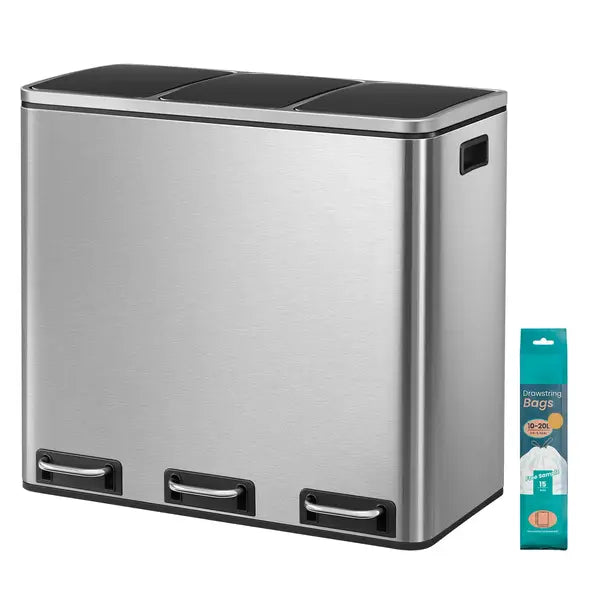 JOYFURNOS Poubelle de tri à trois compartiments, 3 x 18 L poubelles à pédale avec couvercles à fermeture douce, pour cuisine, acier, argent et noir