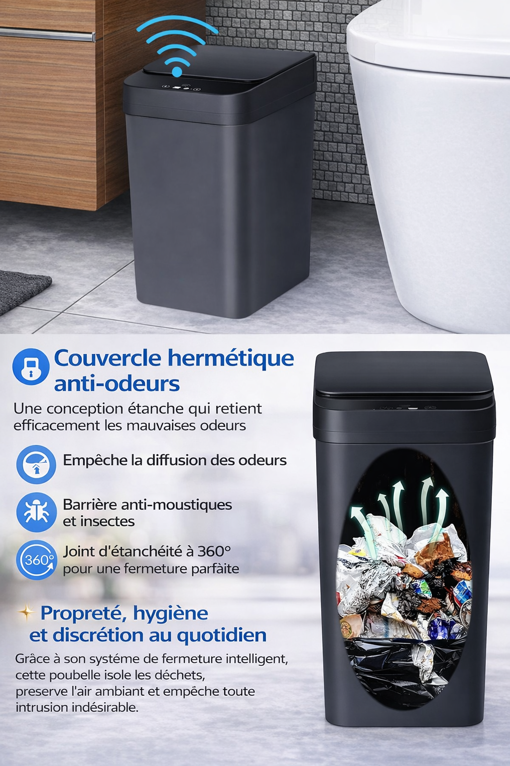 Poubelle rectangulaire automatique sans contact 12L