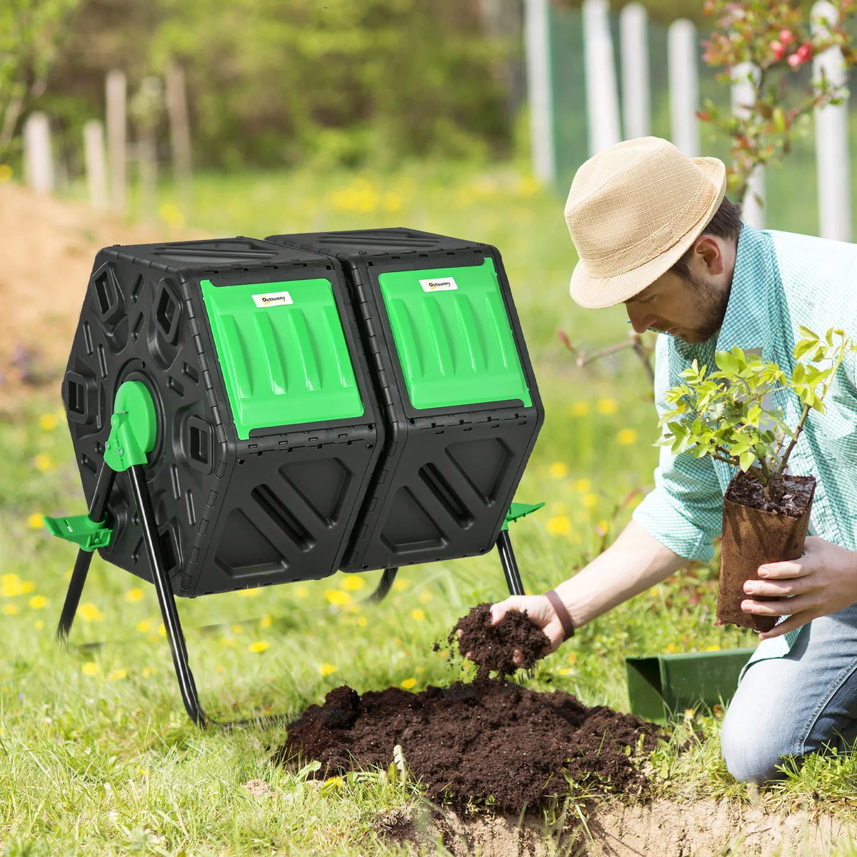 Composteur de jardin rotatif à double chambre 130L